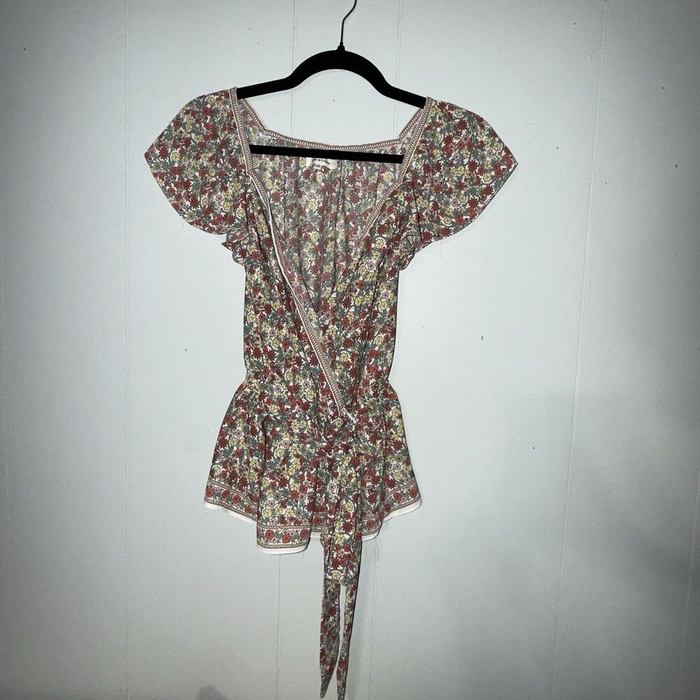 Max Studio Chiffon Top Small Blouse Short Sleeve Floral Blue Tie/Elastic Waist